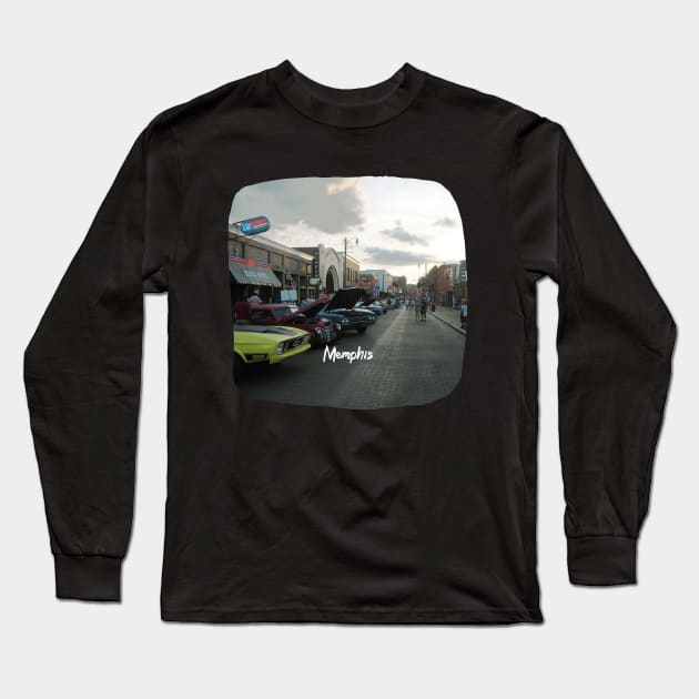 Photography of Beale Street Memphis Tennessee skyline blue clouded sky USA city break Long Sleeve T-Shirt by BoogieCreates